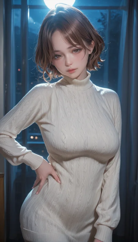 <lora:LCMTurboMix_Euler_A_fix:1> <lora:example_SDXL:0.3>, EZRealPONYXL, <lora:Dramatic Lighting Slider:3> <lora:realistic filter [IL]:1>
DSLR,realistic,cosplay photo, (very awa,masterpiece,best quality,year 2024,newest,absurdres,highres:1), realistic,skin texture,facial features, photography shot with Canon EOS 5D Mark IV , realistic, RAW, best quality, masterpiece, amazing quality, skin details,
1girl, highly detailed beautiful face, large natural breasts,
detailed background, shiny skin, dutch angle, night, moonlight,
beautiful detailed eyes, intricate details, absurdres, anime screencap,
artist: onono imoko, artist: taesi,
<lora:YD IL:1>
masterpiece, best quality, high resolution, absurdres, 1girl, oranyd, higuchi_madoka, indoors,  turtleneck_sweater, blush, looking_at_viewer,
hand on hip, standing,