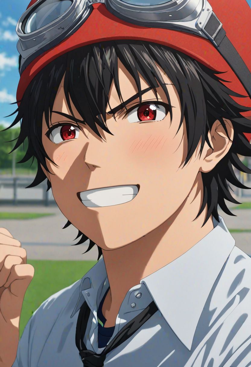 (4k), extremely detailed, hyper detailed, high resolution, professional photography, best quality, candid photo, 1boy, solo, male focus, easynegative, Yuusuke Fujisaki, Red Hat, Black Hair, school uniform, looking at viewer, candid photo, goggles, angry, smile