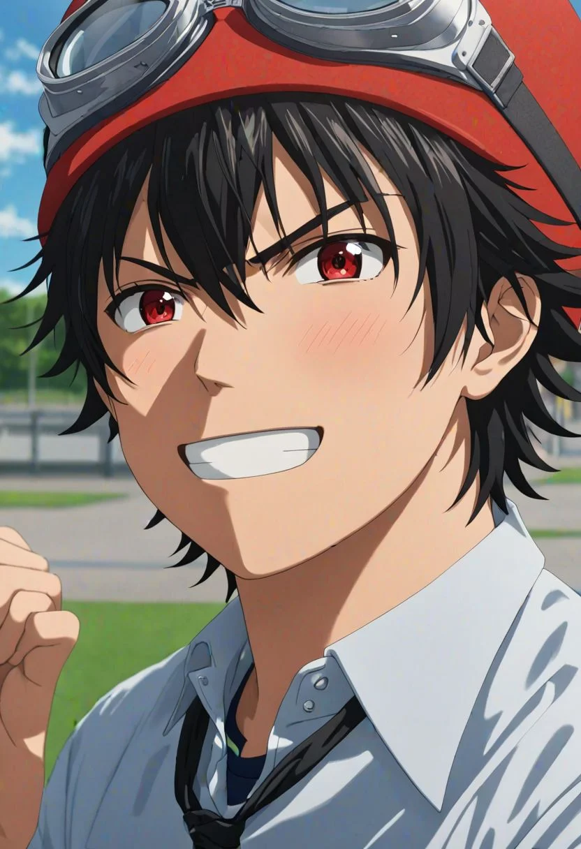 (4k), extremely detailed, hyper detailed, high resolution, professional photography, best quality, candid photo, 1boy, solo, male focus, easynegative, Yuusuke Fujisaki, Red Hat, Black Hair, school uniform, looking at viewer, candid photo, goggles, angry, smile