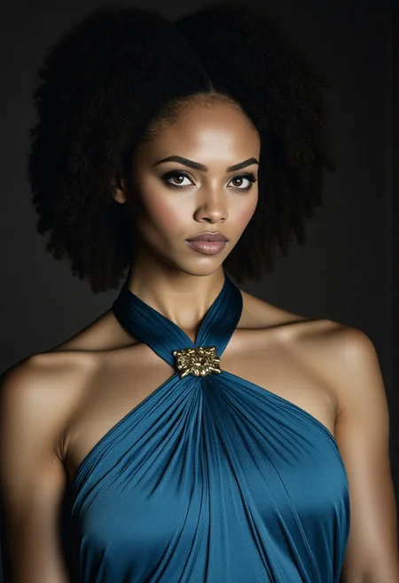 Rembrandt style, masterpiece iconic portrait of Missandei from Game of Thrones, standing gracefully, radiant brown skin glowing in soft ambient light, tightly coiled dark curls styled elegantly, golden eyes gleam with intelligence, depth, and subtle cunning. She wears a flowing cerulean blue gown with a cross-over halter neckline <lora:MysticXXX-V6:0.6>, <lora:test:0.8>, baroque, chiaroscuro, realistic, emotional, flat lighting, Studio Ghibli Dark Fairytale