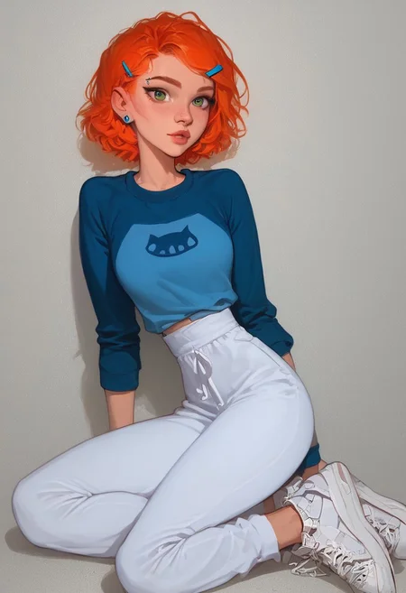 score_9, score_8_up, score_7_up, score_6_up,1girl, gwen_tennyson, orange hair, short hair, green eyes, hairclip, stud earrings, blue shirt, raglan sleeves, white pants, white sneakers,,thin waist,looking at viewer,