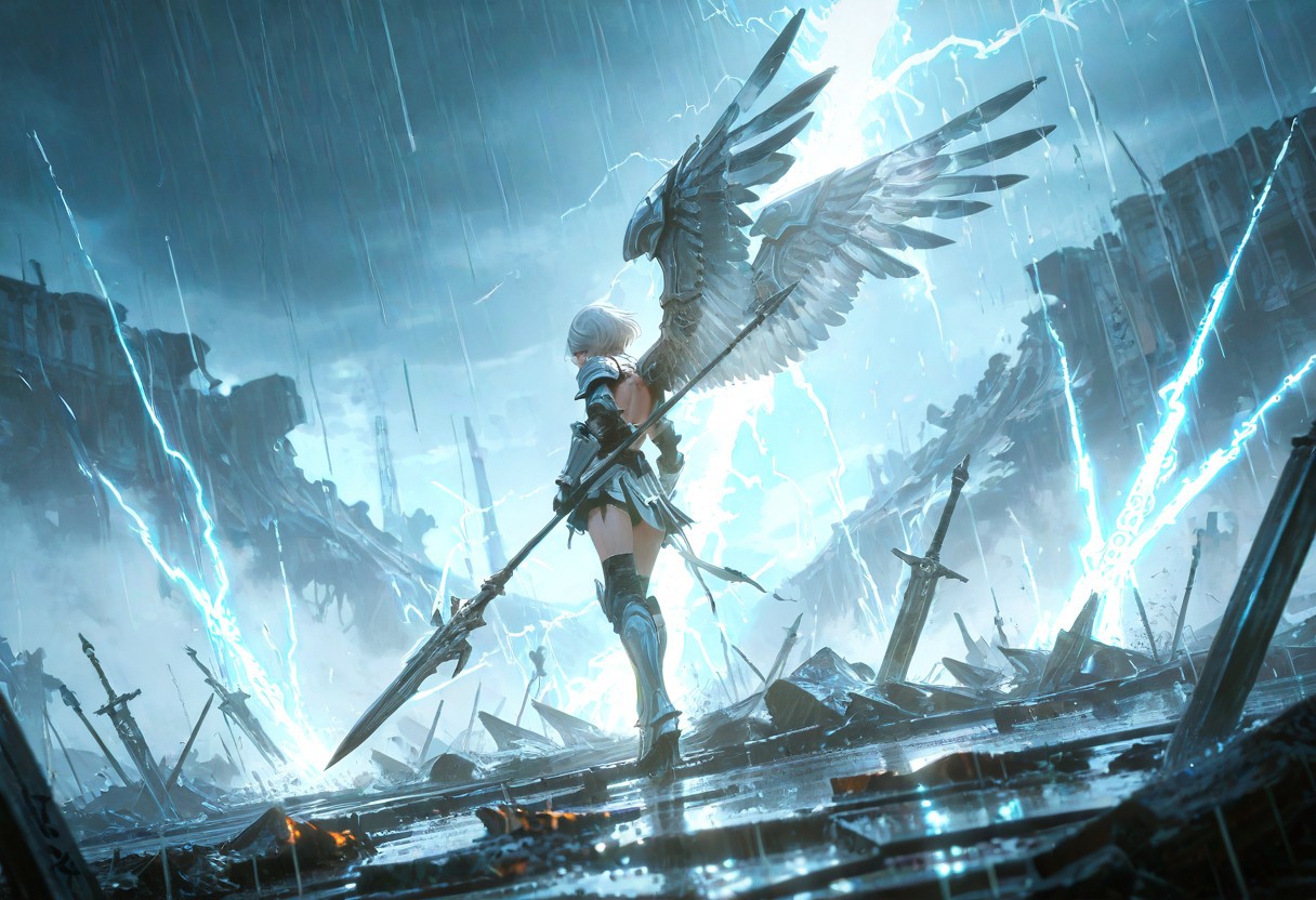 destroyed battlefield background, detailed background, dynamic angle, dynamic pose, great composition, high-quality, photorealistic mythic warrior scene, a heavily armored valkyrie. Her short, platinum hair drips with rain, plastered to her stern face as lightning etches the horizon in dazzling forks. Silver wings at her back bristle with brilliant, reflective plumage, each feather rendered in hyperdetailed clarity. A massive spear etched with runes stands upright at her side, buzzing with latent thunderous energy. The cinematic scale of the swirling tempest around her instills a breathless sense of epic grandeur and raw elemental power