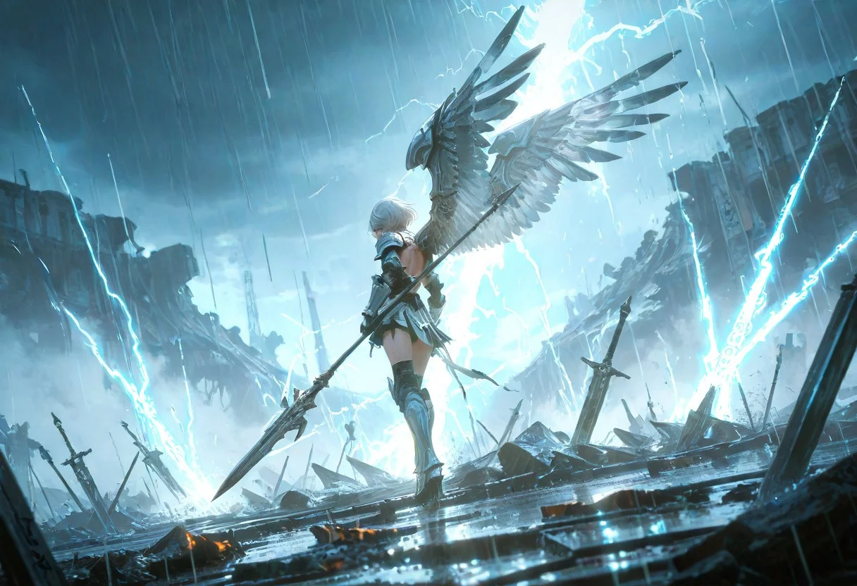 destroyed battlefield background, detailed background, dynamic angle, dynamic pose, great composition, high-quality, photorealistic mythic warrior scene, a heavily armored valkyrie. Her short, platinum hair drips with rain, plastered to her stern face as lightning etches the horizon in dazzling forks. Silver wings at her back bristle with brilliant, reflective plumage, each feather rendered in hyperdetailed clarity. A massive spear etched with runes stands upright at her side, buzzing with latent thunderous energy. The cinematic scale of the swirling tempest around her instills a breathless sense of epic grandeur and raw elemental power