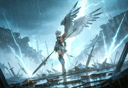 destroyed battlefield background, detailed background, dynamic angle, dynamic pose, great composition, high-quality, photorealistic mythic warrior scene, a heavily armored valkyrie. Her short, platinum hair drips with rain, plastered to her stern face as lightning etches the horizon in dazzling forks. Silver wings at her back bristle with brilliant, reflective plumage, each feather rendered in hyperdetailed clarity. A massive spear etched with runes stands upright at her side, buzzing with latent thunderous energy. The cinematic scale of the swirling tempest around her instills a breathless sense of epic grandeur and raw elemental power