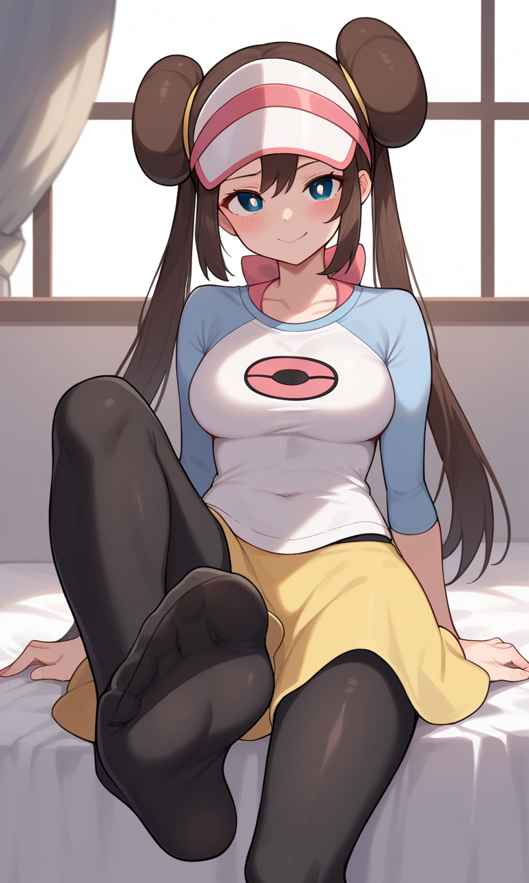 score_9, score_8_up, score_7_up, rosa_(pokemon), 1girl, blue_eyes, white_pupils, brown_hair, long_hair, double_bun, twintails, medium_breasts, visor_cap, black_pantyhose, yellow_skirt, raglan_sleeves, white_shirt, blue_sleeves, sitting, foot_up, pov, naughty_face, light_blush, full_body