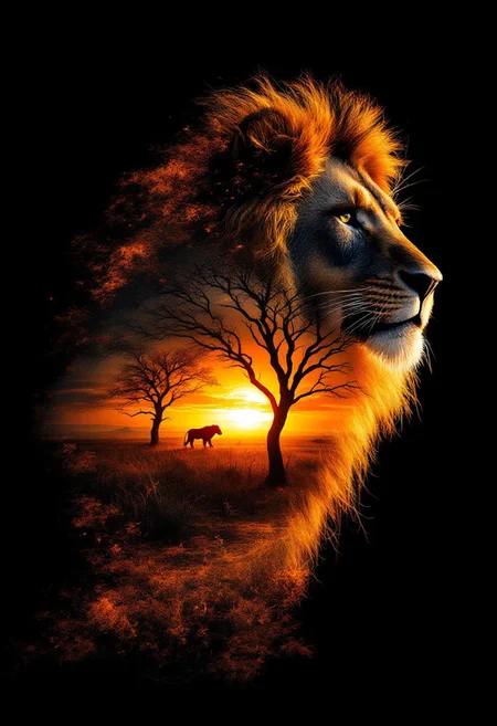 savanna sunrise, double exposure, silhouette lion, beautiful, chromatic, black background, ultra-sharp, colorful, intricate details, hyper-detailed, chiaroscuro lighting, professional photoshoot