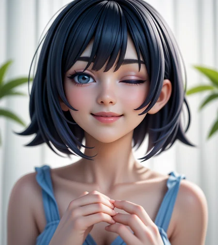 <lora:LCM_LoRA_Weights_SD15:0.7>, masterpiece, best quality,  a woman, short hair, inverted bob, straight hair,  with a blue and white dress and a plant in the background with a white curtain behind her, a photocopy, seductive smile,  one eye closed, smile, closed mouth, heart hands,