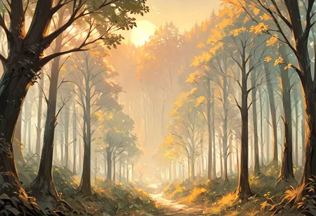 score_9, score_8_up, score_7_up, score_6_up, lanscape, very Peaceful, forest, large and tall trees, giant forest, sunset central focus is an ancient old oak tree