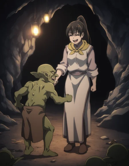 score_9, score_8_up, score_7_up, <lora:fighter-gs-ponyxl-000015:1> gsfghtr, multicolored robe, neckerchief,
1girl, 1boy, laughing, closed eyes, goblin, cave, dim lighting