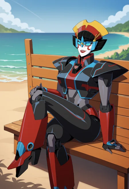 score_9, score_8_up, score_8, source_anime, 1girl, <lora:Windblade:0.85> solo, autobot, mecha, robot, red lips, blue eyes, glowing eyes, smile, sitting on bench,
beach background, ocean, blurry background,