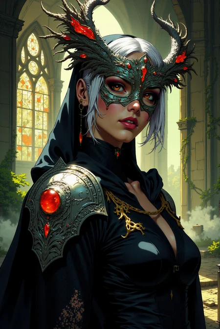 <lora:FANCHA_style:0.75> FANCHA style.
The central figure is adorned in an elaborate metallic mask that gleams with intricate filigree and embedded jewels of deep crimson and amber. The mask's ornate design extends outward, curling into delicate tendrils that evoke an air of mysticism and regality, with subtle etched patterns resembling flowing vines or ancient glyphs. The jewels catch the light with a fiery brilliance, their warm tones contrasting with the polished silver and darker hues of her attire. Her piercing gaze emanates a sense of authority and mystery, framed by softly curling strands of her platinum-white hair that cascade gracefully down her shoulders. Her garment is a masterful blend of gothic elegance and armor-like detailing. The black lace that drapes around her neck and shoulders shimmers faintly with embedded beads, creating a star-like constellation effect under the light. Her shoulder armor, crafted from the same silver metal as her mask, features embossed patterns that mirror the natural motifs of the mask, with tiny inset gemstones glowing faintly in warm orange tones. The delicate lace contrasts sharply with the hard, gleaming surface of the armor, merging fragility and strength in her appearance. The background reveals the remnants of a crumbling cathedral bathed in a soft, ethereal light. Towering arches and broken stained-glass windows cast kaleidoscopic patterns of color onto the stone floor, blending jewel tones of emerald, sapphire, and ruby with the natural golden glow of sunlight filtering through gaps in the ancient structure. Vines and creeping ivy crawl up the walls, adding a touch of nature's reclamation to the scene. Wisps of mist swirl around the lower edges, creating an atmosphere of both decay and reverence. In comic style, bold, defined outlines emphasize the sharp contrasts between light and shadow, adding depth to her intricate armor and delicate lace. Rich colors highlight the jewels and the stained-glass hues, while soft gradients bring life to her hair and skin. The background's interplay of ruin and light is accentuated with dynamic shading, creating a balance of vivid detail and atmospheric mood. This composition draws attention to the character as a commanding yet enigmatic figure, blending beauty, power, and mystery in an iconic visual narrative.