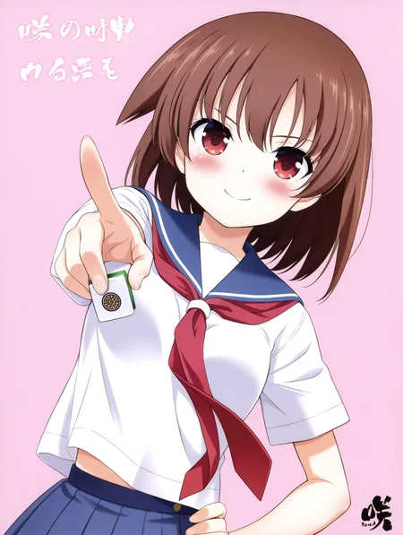 (masterpiece,best quality,ultra_detailed,highres,absurdres:1.2,amazing quality,very aesthetic),<lora:Kobayashi Ritz style_ilxl_v1:0.8>,miyanaga teru,1girl,small breasts,kiyosumi school uniform,serafuku,smile,blush,short hair,blush,pleated skirt,solo,(holding mahjong tile:1.3),looking at viewer,necktie,v,brown hair,standing,upper body,hand on own hip,
