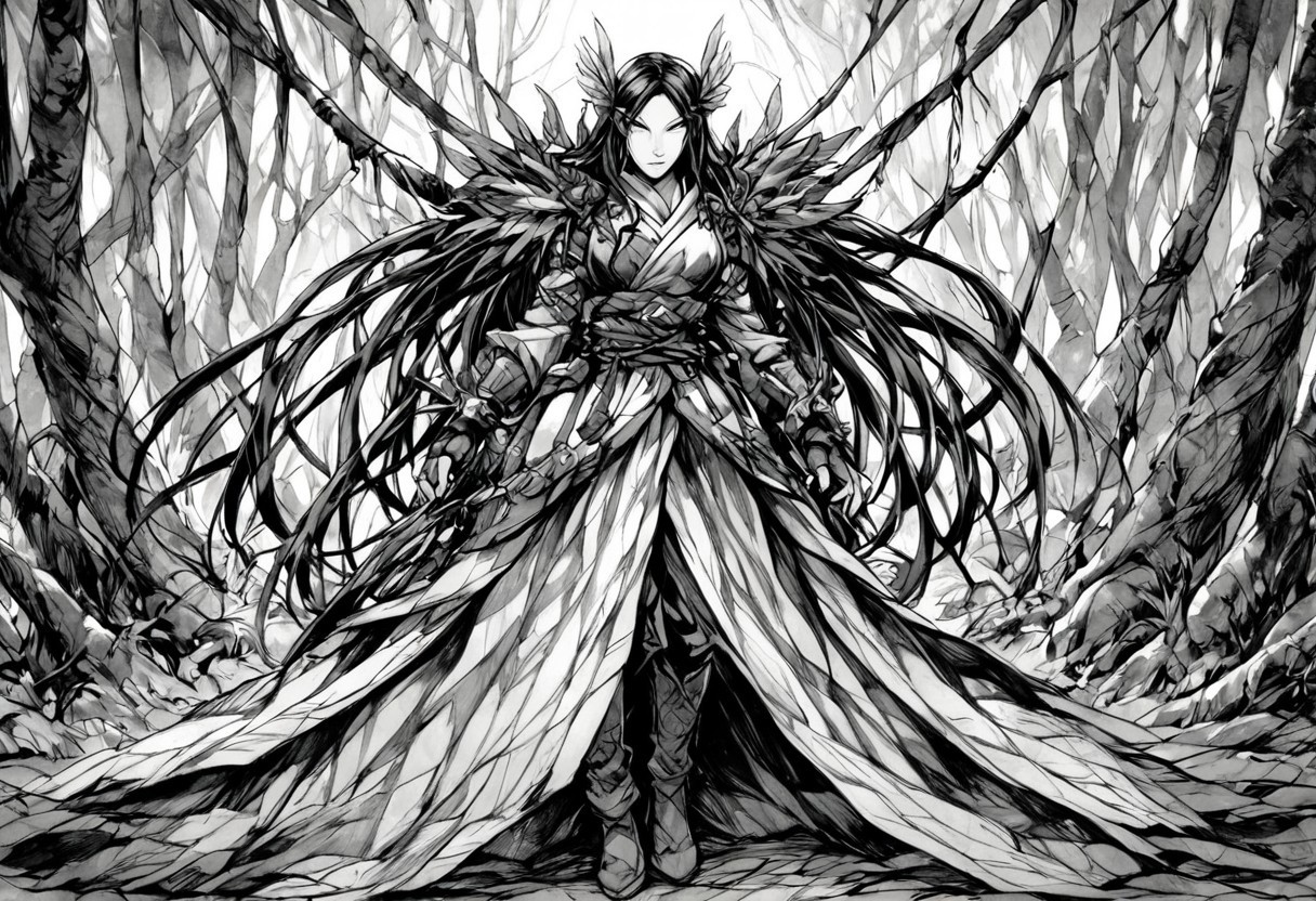 monochrome, greyscale, A lone warrior moves gracefully through a mystical bamboo forest, where towering ancient trees stand like silent sentinels. His long, flowing black hair cascades over his shoulders, framing his chiseled face with sharp, focused eyes that gleam with quiet intensity. His dark martial robe, layered and intricately folded, flows with his movements, secured at the waist by a fitted sash. His hands, clad in fingerless gloves, hint at both discipline and deadly precision. His boots, designed for agility and silent steps, barely disturb the earthy forest floor. The dense bamboo sways gently, and soft shafts of light filter through the thick canopy, casting a mesmerizing interplay of light and shadow upon his figure. His posture is both poised and relaxed, exuding the grace of a seasoned warrior ever ready for action. The scene is rendered in a high-quality wuxia and manhwa-inspired art style, with refined lines, dynamic shading, and a color palette that accentuates the harmony between the warrior’s dark attire and the lush greenery surrounding him, creating a captivating blend of mystery and elegance..