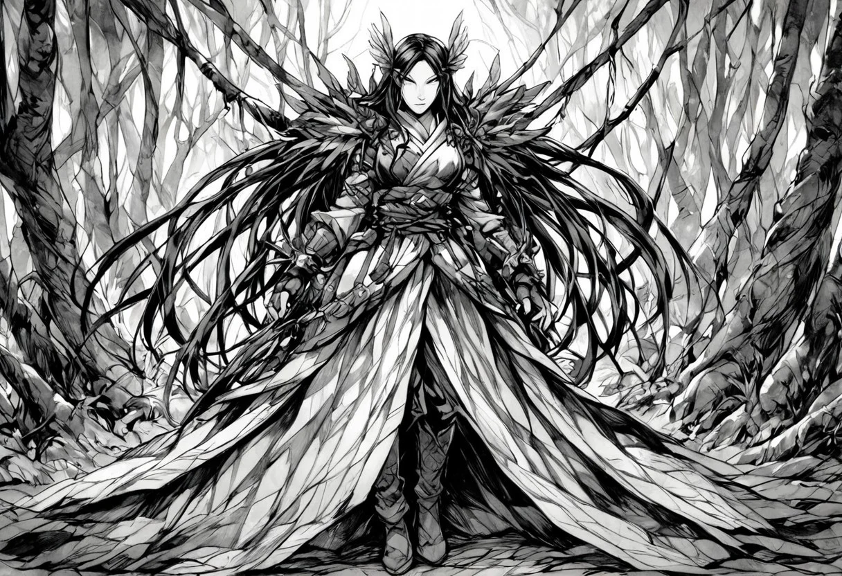 monochrome, greyscale, A lone warrior moves gracefully through a mystical bamboo forest, where towering ancient trees stand like silent sentinels. His long, flowing black hair cascades over his shoulders, framing his chiseled face with sharp, focused eyes that gleam with quiet intensity. His dark martial robe, layered and intricately folded, flows with his movements, secured at the waist by a fitted sash. His hands, clad in fingerless gloves, hint at both discipline and deadly precision. His boots, designed for agility and silent steps, barely disturb the earthy forest floor. The dense bamboo sways gently, and soft shafts of light filter through the thick canopy, casting a mesmerizing interplay of light and shadow upon his figure. His posture is both poised and relaxed, exuding the grace of a seasoned warrior ever ready for action. The scene is rendered in a high-quality wuxia and manhwa-inspired art style, with refined lines, dynamic shading, and a color palette that accentuates the harmony between the warrior’s dark attire and the lush greenery surrounding him, creating a captivating blend of mystery and elegance..