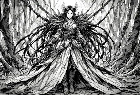 monochrome, greyscale, A lone warrior moves gracefully through a mystical bamboo forest, where towering ancient trees stand like silent sentinels. His long, flowing black hair cascades over his shoulders, framing his chiseled face with sharp, focused eyes that gleam with quiet intensity. His dark martial robe, layered and intricately folded, flows with his movements, secured at the waist by a fitted sash. His hands, clad in fingerless gloves, hint at both discipline and deadly precision. His boots, designed for agility and silent steps, barely disturb the earthy forest floor. The dense bamboo sways gently, and soft shafts of light filter through the thick canopy, casting a mesmerizing interplay of light and shadow upon his figure. His posture is both poised and relaxed, exuding the grace of a seasoned warrior ever ready for action. The scene is rendered in a high-quality wuxia and manhwa-inspired art style, with refined lines, dynamic shading, and a color palette that accentuates the harmony between the warrior’s dark attire and the lush greenery surrounding him, creating a captivating blend of mystery and elegance..