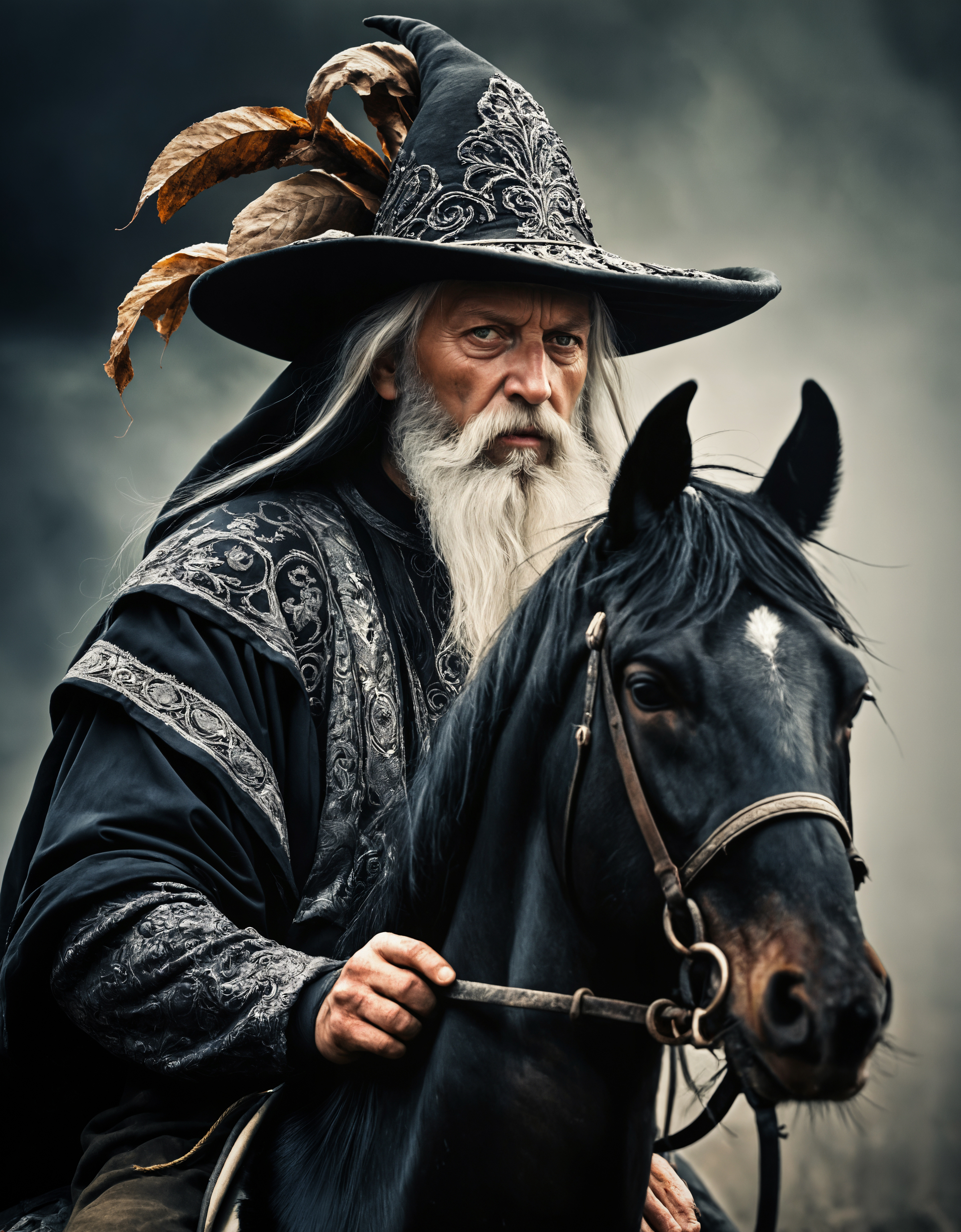 Chernobog old slavic man with large black beard and black horn crown horseman on black horse, black swirling magic, stern face, holding dried leaf, detailed portrait, high detail, perfectly balanced, iphone photo, deep depth of field, strong environmental light, flowing colors, by Ian Miller