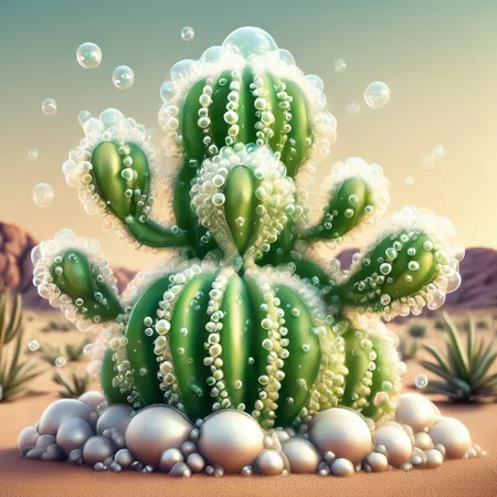 a cactus made of bubbles, wow_bbls, desert background, tumbleweed blowing across desert in background