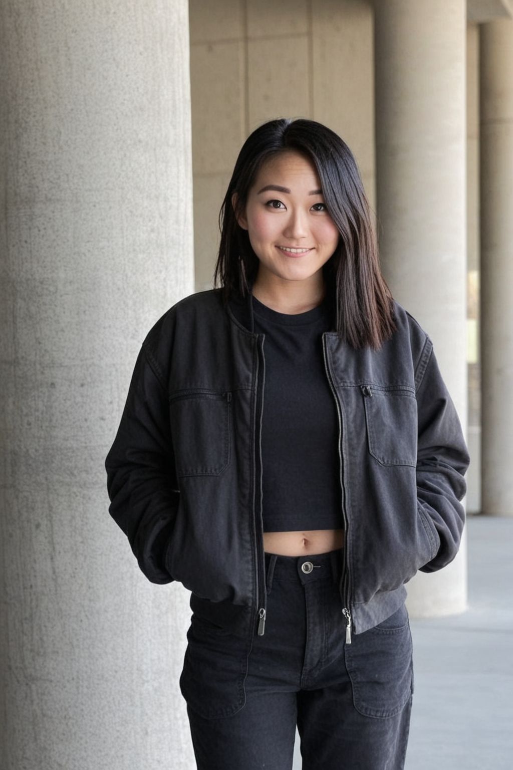 kimimko, 1girl, sparkling eyes, photo(medium), in concrete room, rough concrete background, black soft tech jacket, black zipper pants, military boots, cross-laced boots, looking at viewer, smile, casual pose, sitting on large concrete block,  cinematic lighting, photorealistic, ultra-sharp, detailed, professional photographer, professional hairstyle, blurry background, bokeh