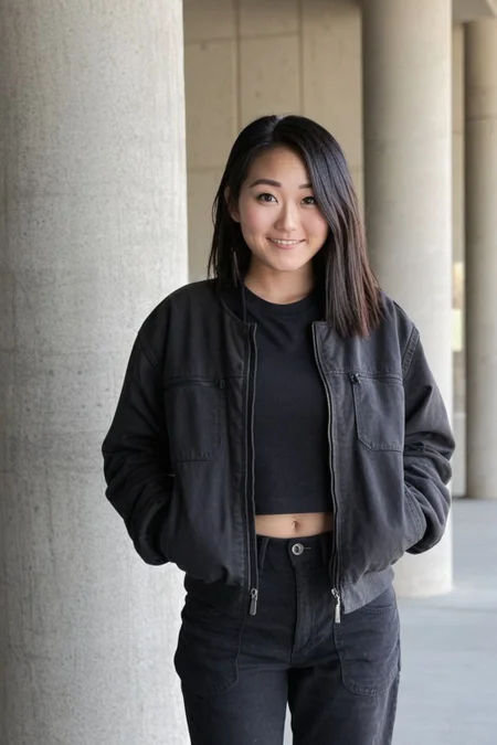 kimimko, 1girl, sparkling eyes, photo(medium), in concrete room, rough concrete background, black soft tech jacket, black zipper pants, military boots, cross-laced boots, looking at viewer, smile, casual pose, sitting on large concrete block,  cinematic lighting, photorealistic, ultra-sharp, detailed, professional photographer, professional hairstyle, blurry background, bokeh