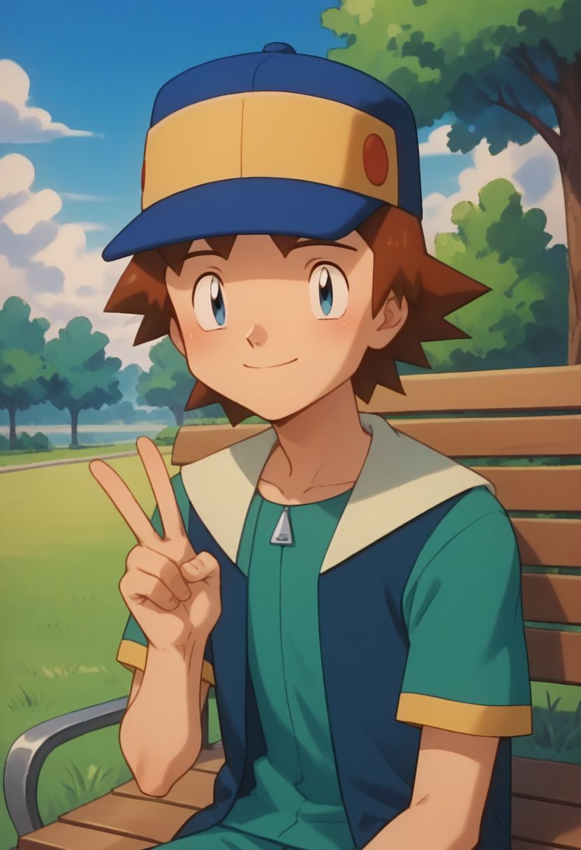 score_9, score_8_up, score_7_up, source_anime, highly detailed, 1boy, solo, male_focus, slender, skinny,
richie_poke, open eyes, shy smile, closed mouth, sky, brown hair, hat,
outdoor, park, bench, sit, v sign,