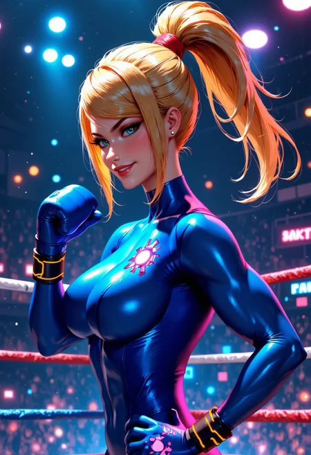 Masterpiece, source_anime, cinematic action shot of a beautiful and stunning samus aran, blue trim lights on her powerful but sexy blue bodysuit that covers all skin but highlights her womanly figure, standing in a boxing ring, samus aran on a fighting stance ready to throw a punch, clenched fists, fighting gloves, shiny and glossy, intricate and beautiful blonde high ponytail hairstyle, huge breasts, grin, high-res, semi realistic, best quality, amazing details, intricate details, ray tracing, dramatic lighting, mythp0rt, samusaran