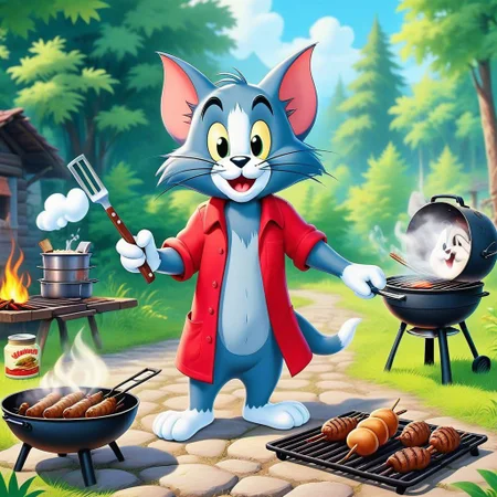 (Tom & jerry),Cartoon (Tom:1.35) cat casual dresses, grilling kebab, dirty shirt, thick red fur, nature