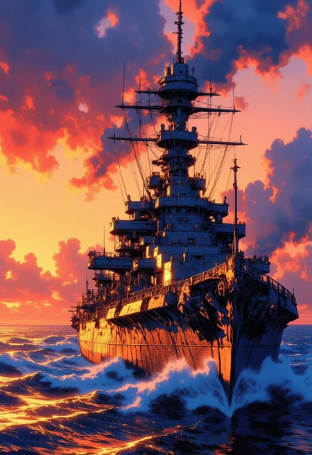 (((battleship yamato))), orange sunset, rough seas attack planes