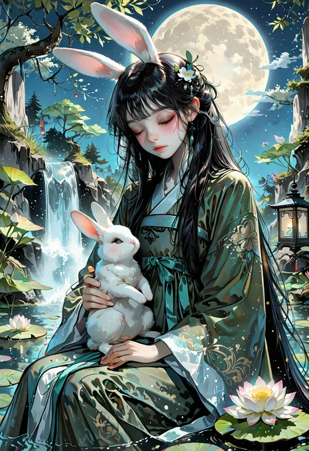 masterpiece, best quality, amazing quality, 1girl, solo, long hair, black hair, long sleeves, hair ornament, dress, holding, closed mouth, very long hair, sitting, closed eyes, flower, earrings, detached sleeves, wide sleeves, water, rabbit ears, tree, night, animal, chinese clothes, moon, white flower, full moon, green dress, rabbit, lantern, holding animal, waterfall, lily pad, lotus, hanfu, huge moon, Karinami Inkblush mode,thick ink outlines,soft marker gradients,era 2020s indie illustration,Inkblush style, grunge_anime_aesthetic
<lora:DetailedEyes_V3:1> <lora:USNR_STYLE_ILL_V1_lokr3:0.45> usnr <lora:ponyv6_noobV1_2_adamW:0.9> <lora:GENESIS_MK0.2:0.5> <lora:KoreanStyleSDXLvpred10:1> AiKoreanStyle, lips, korean, asian <lora:KRGRL-IL:1>