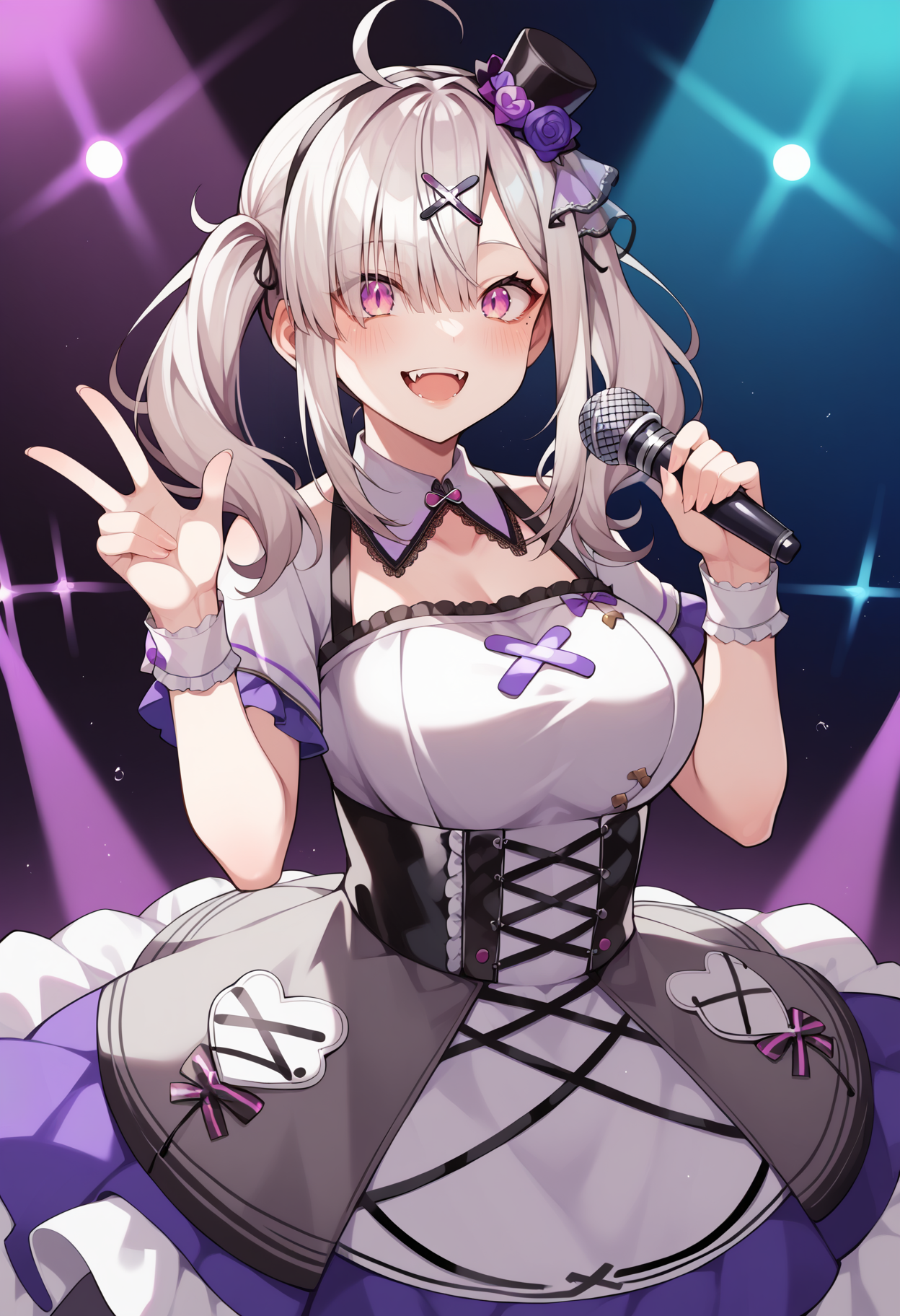 score_9, score_8_up, score_7_up, source_anime, aakana, long hair, twintails, ahoge, x hair ornament, mole under eye, eyes visible through hair, blush, fangs, large breasts, <lora:sukoya_kana_xl_pony_v1:0.8>, dress, mini hat, idol clothes, smile, open mouth, stage, holding microphone, standing, cowboy shot,