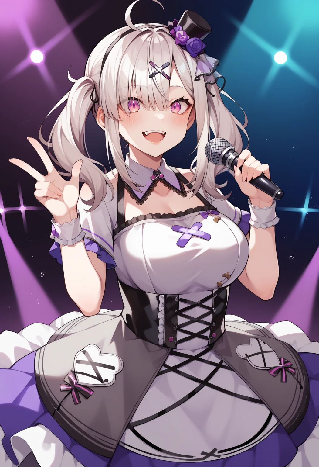 score_9, score_8_up, score_7_up, source_anime, aakana, long hair, twintails, ahoge, x hair ornament, mole under eye, eyes visible through hair, blush, fangs, large breasts, <lora:sukoya_kana_xl_pony_v1:0.8>, dress, mini hat, idol clothes, smile, open mouth, stage, holding microphone, standing, cowboy shot,
