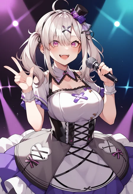 score_9, score_8_up, score_7_up, source_anime, aakana, long hair, twintails, ahoge, x hair ornament, mole under eye, eyes visible through hair, blush, fangs, large breasts, <lora:sukoya_kana_xl_pony_v1:0.8>, dress, mini hat, idol clothes, smile, open mouth, stage, holding microphone, standing, cowboy shot,