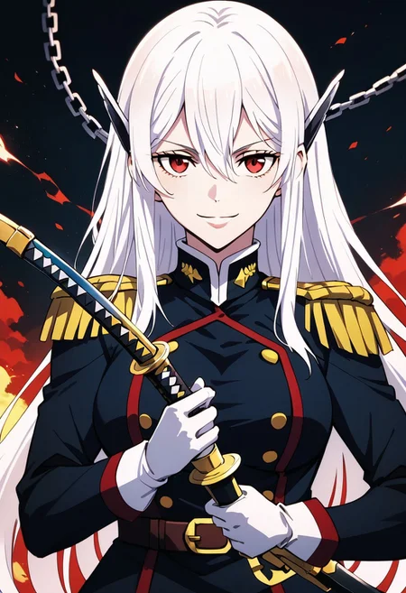 score_9_up, score_8_up, score_7_up, extreamly detailed, beautiful detailed face, complex detailed background, completely clothes, BREAK,
KYOUKA UZEN (MATO SEIHEI NO SLAVE), KYOUKA UZEN MILITARY UNIFORM, 1girl, solo, long hair, breasts, looking at viewer, smile, red eyes, gloves, holding, hair between eyes, upper body, weapon, white hair, sword, white gloves, holding weapon, uniform, military, military uniform, chain, holding sword, katana, epaulettes