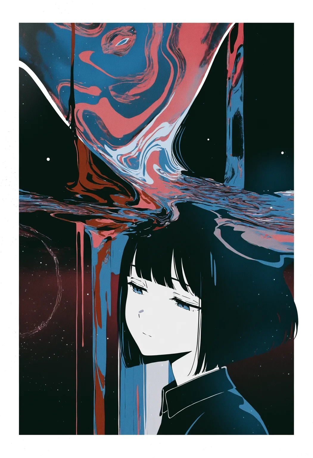 masterpiece, best quality, newest, very awa, limited palette, anime screencap, official art, white borders, depth of field, lens flare, liquid, abstract, surreal, double exposure, realistic lighting, photorealistic, dripping, liquid, 1girl, solo, black hair, short hair, bob cut, abstract, shirt, upper body, collared shirt, half-closed eyes, expressionless, blunt bangs, print shirt, Double exposure, circles, liquid, abstract, surreal, limited palette, profile, dripping