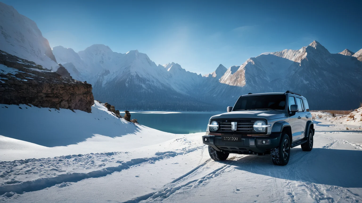 a gwm txxx parked besides the snow lake, sun height, beautiful, hd, 8k, (photographic:1.5), magnificent, grandiose, mac os wallpaper <lora:GWMTank300_V2.0:1>