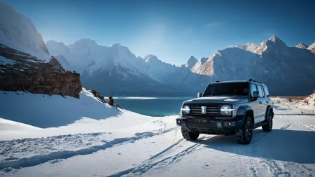 a gwm txxx parked besides the snow lake, sun height, beautiful, hd, 8k, (photographic:1.5), magnificent, grandiose, mac os wallpaper <lora:GWMTank300_V2.0:1>