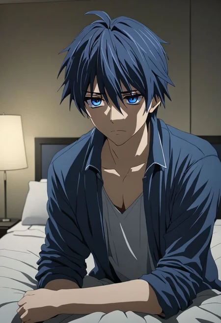 Anime Style, easynegative, detailed_eye_model, Highres, Masterpiece, High Quality, 4K, 8K, solo, 1boy, Tomoya Okazaki, Deep Blue Eyes, Grey Blue Hair, hotel room, low light, quiet, silent, weak, depressed, tired, stressed, irritated eyes, messy things, looking at viewer