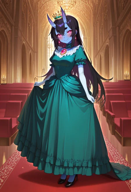 1girl, Kuroni Black, colored skin, deep blue skin, Aka-Oni, oni girl, straight horns, black hair, long straight hair, pink eyes, glowing eyes, short thick eyebrows, masterpiece, best quality, absurdres, medium breasts
princess gown, puffy ballgown, white gloves, elbow gloves, green princess peach dress, puffy short sleeves, multilayered dress, intricate gown, crown, long skirt, ruffles, frills, earrings, gem brooch, jewelry, high heels,
lipstick, long eyelashes, eyeshadow, eyeliner, blush, makeup,
indoors, castle, ballroom,
smile, closed mouth, looking at viewer, solo, standing, full body