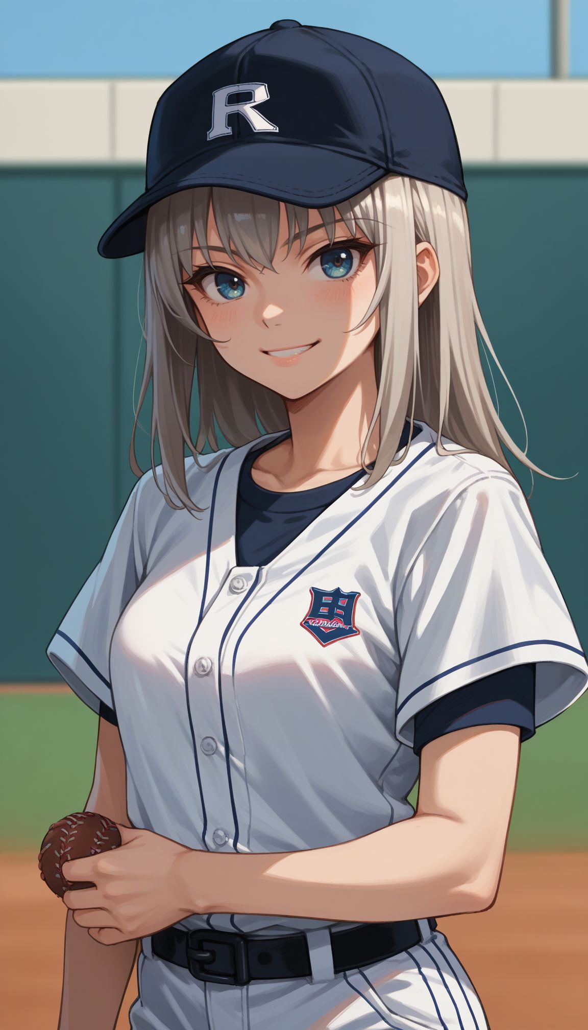score_9, score_8_up, score_7_up, score_6_up, score_5_up, score_4_up, source_anime, 
 <lora:GUPErika:0.6>, 1girl, itsumi erika, blue eyes, grey hair, long hair, solo, 1girl, smile, wearing a baseball uniform in black color, baseball cap,