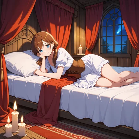 ethereal fantasy concept art of masterpiece,best quality,amazing quality, <lora:IL_Medieval_brothel_Bedroom_r1:0.5> medieval_brothel, bedroom, canopy bed, wooden floor, wooden wall, candle, night, red curtains, carpet, window, 1girl, on side, on bed, brown hair, low twintails, blue eyes, depth of field, head rest, light smile, light blush, white shirt, puffy short sleeves, brown corset, white skirt, frilled skirt, nightgown, . magnificent, celestial, ethereal, painterly, epic, majestic, magical, fantasy art, cover art, dreamy
