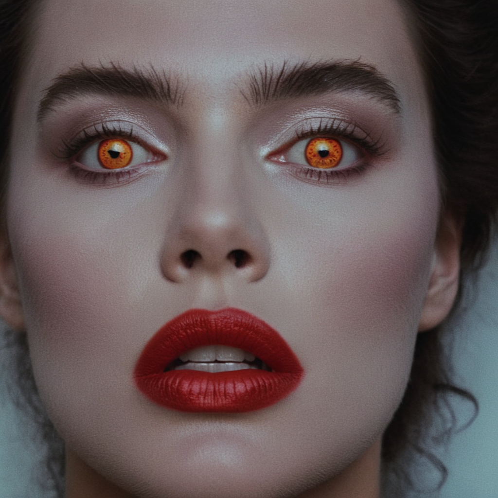 Horror-themed,  <lora:Fright Night 1985 style v2:0.9>
In the 1980's white skin vampire woman with white makeup and red lips and yellow eyes and white fangs,Vampire0 a close up of a person's face with red lips,1girl,solo,simple background,white background,lips,orange eyes,eyelashes,makeup,lipstick,close-up,eyeshadow,red lips,eye focus , horror themed, dark themed, low key light, dramatic light, dramatic shadow light, contrast, cinematic color, cinematic look, filmic, realistic, realism, perfection, perfect, Kodak, Kodak film, movie still, Fright Night 1985 style, Fright Night Film style, Eerie, unsettling, dark, spooky, suspenseful, grim, highly detailed