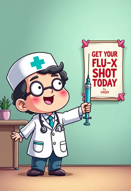 Create a humorous image featuring a chibi character dressed as a doctor holding a large, exaggerated syringe and pointing to a poster on the wall that says "Get Your Flu-x Shot Today!" The setting is a colorful, whimsical doctor's office . The background includes a poster with a smiling germ