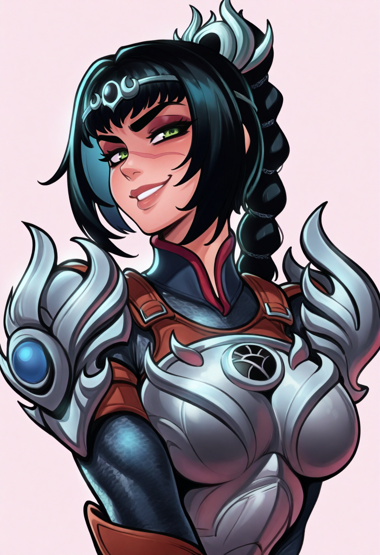 reiq,
best quality, amazing quality, very aesthetic, absurdres,
1girl, solo, shadowheart, black hair, braided ponytail, green eyes, scar on face, circlet, armor, large breasts,
horny smile, looking at viewer, upper body, simple background, white background   <lora:ShadowHeartIllustrious_byKonan:0.8>   <lora:ReiqIllustriousXL_byKonan:1>