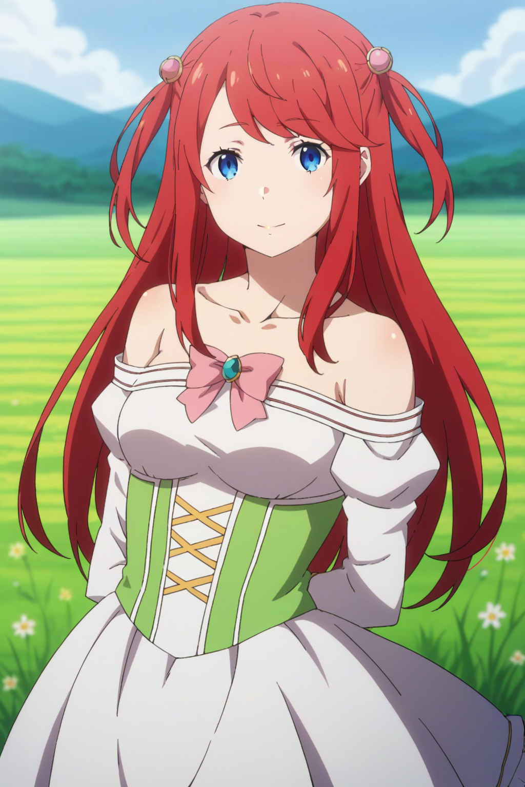 score_9, score_8_up, score_7_up, source_anime, 1girl, prefect lighting, very aesthetic, intricate details, highly detailed background, masterpiece, high quality, prefect hands, best quality, solo,
<lora:Theresia_van_Astrea_ReZero_V1:.85>, KJOtheresia, red hair, blue eyes, long hair, swept bangs, two side up, 
white dress, bare shoulders, pink bowtie, 
arms behind back, light smile, head tilt, 
field, wind, 
(Beautiful, medium Breasts:1.2), natural breasts,