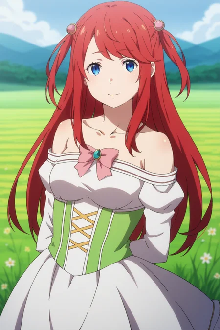 score_9, score_8_up, score_7_up, source_anime, 1girl, prefect lighting, very aesthetic, intricate details, highly detailed background, masterpiece, high quality, prefect hands, best quality, solo,
<lora:Theresia_van_Astrea_ReZero_V1:.85>, KJOtheresia, red hair, blue eyes, long hair, swept bangs, two side up,
white dress, bare shoulders, pink bowtie,
arms behind back, light smile, head tilt,
field, wind,
(Beautiful, medium Breasts:1.2), natural breasts,