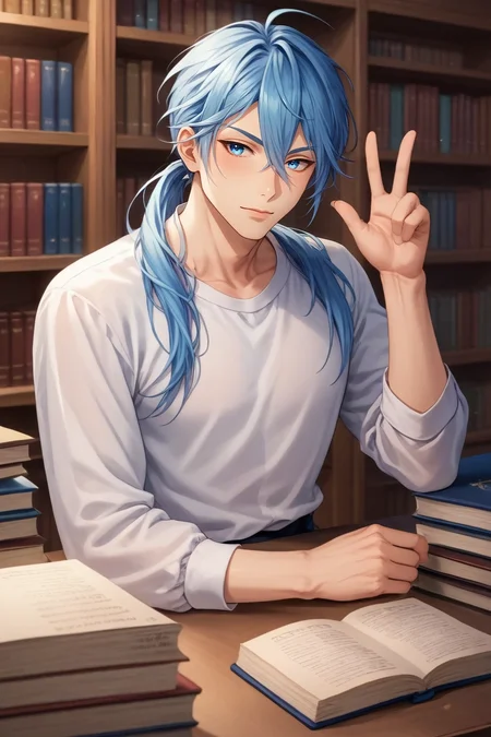 score_9, score_8_up, score_7_up, , rating_safe, , semi-realistic, , depth of field, 1boy, solo, male focus, <lora:edmond_nu_carnival_pony:0.98>, edmond_nu_carnival, blue hair, blue eyes, long hair, hair between eyes, ponytail, focused, library, books, indoors, v, peace sign, squinting, , <lora:sdxl_lightning_8step_lora:1>