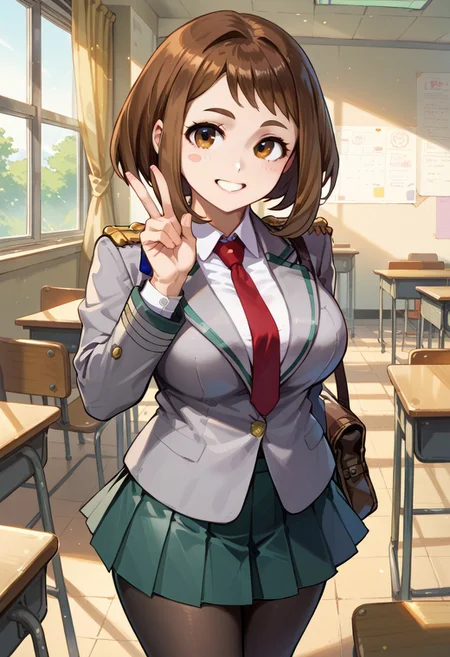 score_9, score_8_up, score_7_up, score_6_up, source_anime, masterpiece, best quality, high quality, highres, cinematic lighting, (solo, front view, classroom), (uraraka ochako, 1girl, brown hair, brown eyes, short hair, blush stickers, large breasts, u.a. school uniform, green pleated skirt, black pantyhose, red necktie, grey blazer, white collared shirt,epaulettes, brown shoes, standing, smile, peace sign with one hand, Expressiveh, handfixer)
