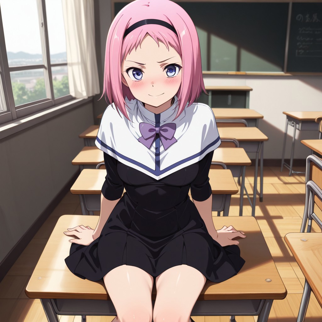 masterpiece , amazing , best quality , ultra detailed , 8k , high resolution , 1girl , solo , Kazumi_Schlierenzauer, medium breasts , classroom , black dress, white overtop, full body shot, sitting on desk, hands behind, looking at viewer , cheerful , perfect body , blush, purple bow