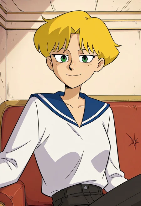 score_9,score_8_up,score_7_up, 1girl, solo, Stella_TADL_IL, fair skin, green eyes, pointy nose, blonde hair, short hair, vintage white sailor shirt, dark jean pants, looking at viewer, indoors, room background, (portrait) smile, tall, sitting on the couch