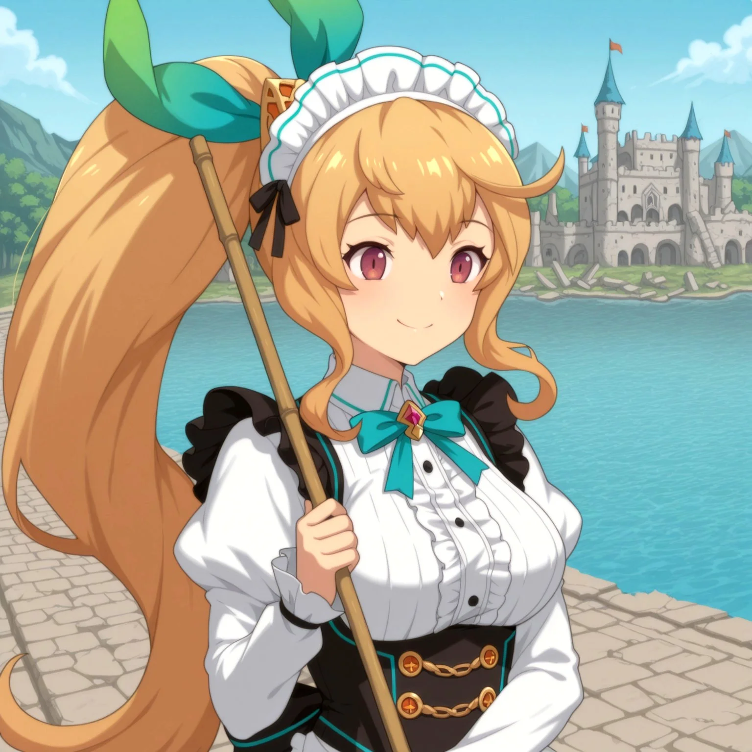 lazypos,anime screencap, masterpiece, lake, castle, ruins,
1girl, solo, Elisanne, brown eyes, blonde hair, long hair, ponytail, maideli, maid outfit, ribbons, smile, happy, upper body, palace, room, broom, smile,