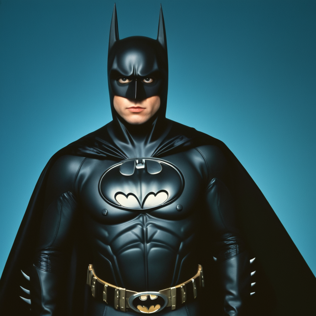 cinematic film still of  <lora:1990's style:1.2>
In the 1990's a man in a batman costume standing in front of a blue background,solo,1boy,male focus,belt,cape,bodysuit,mask,muscular,glowing,glowing eyes,spikes,black cape,superhero , realistic,realism, detailed, perfection,perfect,filmic,retro,vintage,classic,different haircut,different look,different style,different people, 1990's style , 1990 style, shallow depth of field, vignette, highly detailed, high budget, bokeh, cinemascope, moody, epic, gorgeous, film grain, grainy